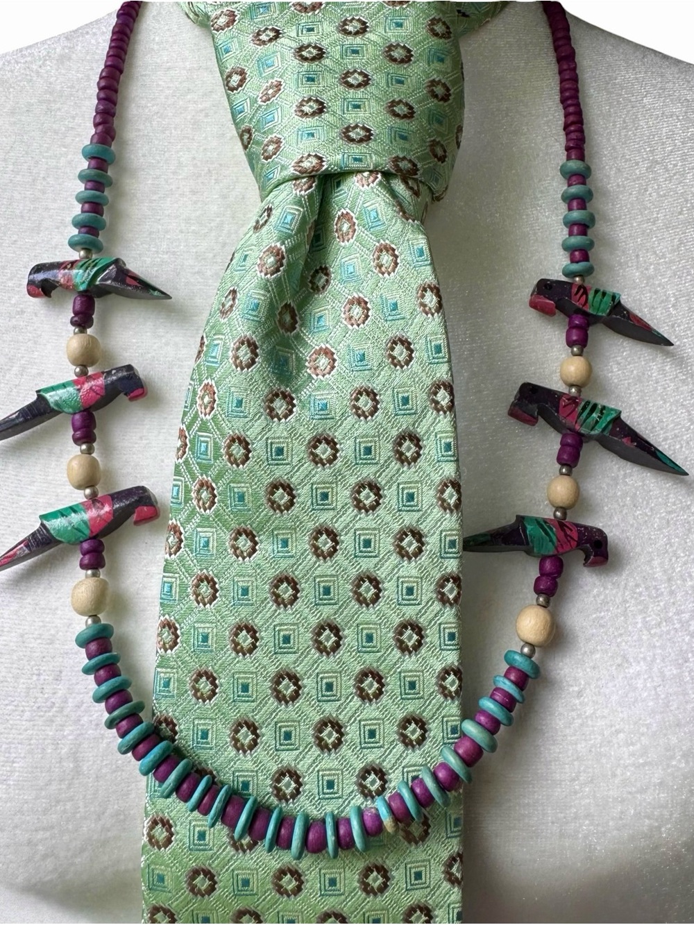 Hand Painted Wood Parrot Necklace 28” Tribal Folk Art Beaded Statement Necklace